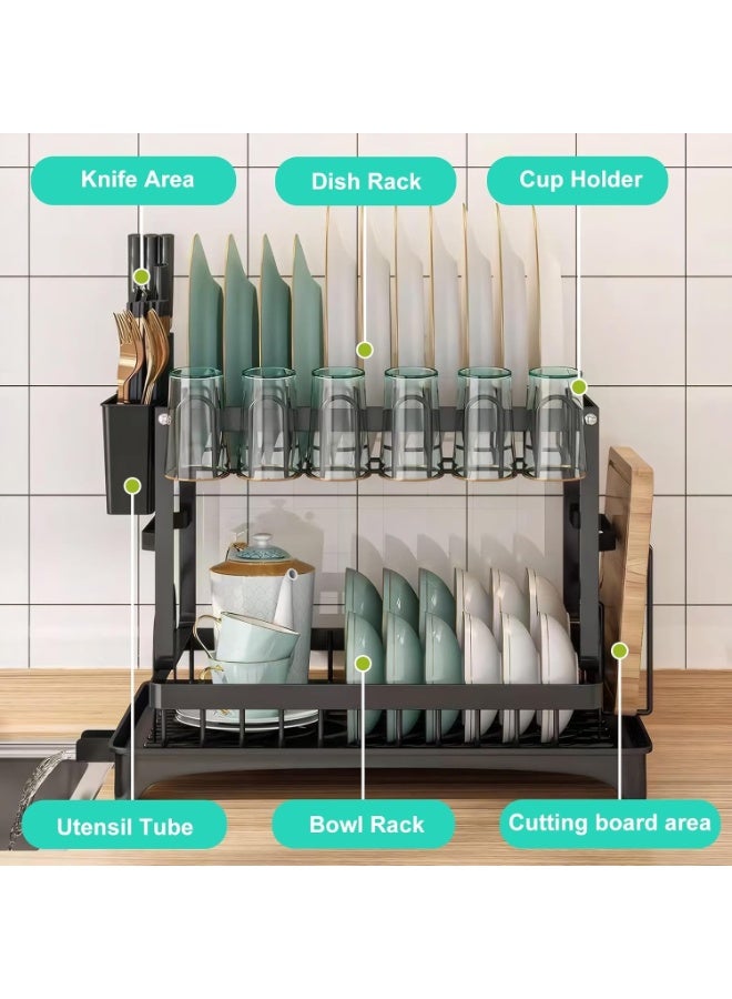 LODROC 2-Tier Dish Drying Rack with Knife Slots, Dish Racks for Kitchen Counter, Space-Saving Kitchen Organizer, Detachable Capacity Dish Drainer Organizer with Cutlery & Cup Holder (Black) - Image 2